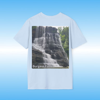 Light Blue t-shirt with a waterfall photograph and 'Burgess Falls' text on a blue background