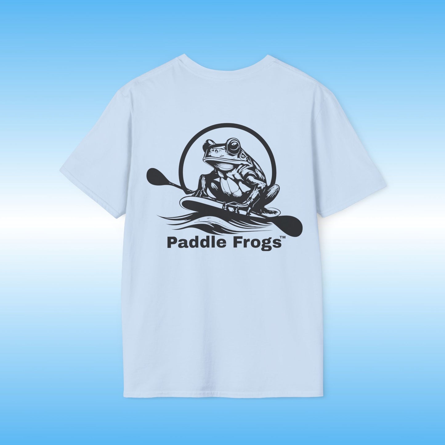 Light Blue t-shirt with black frog graphic and 'Paddle Frogs' text on a blue background Paddle Boarding tee