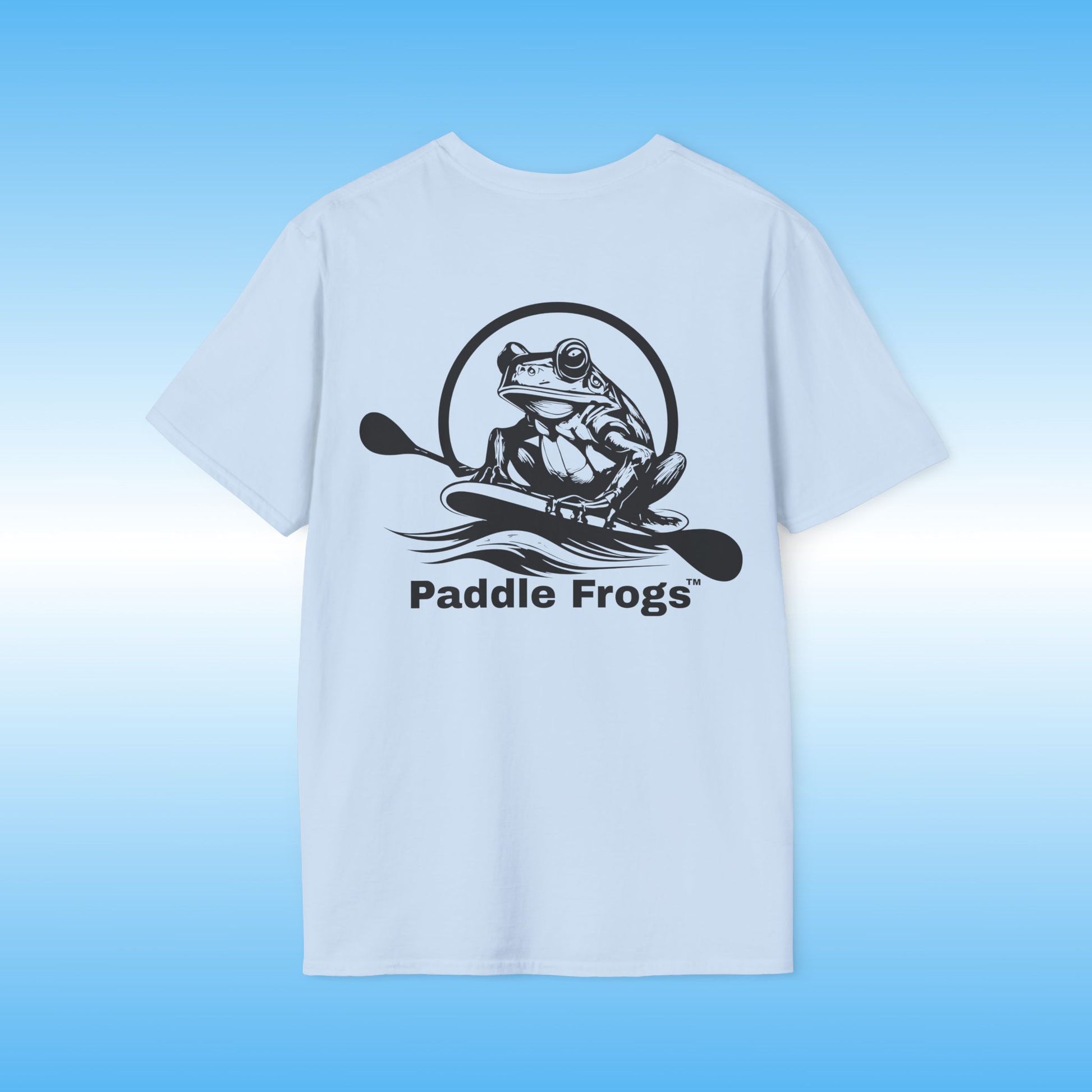 Light Blue t-shirt with black frog graphic and 'Paddle Frogs' text on a blue background Paddle Boarding tee