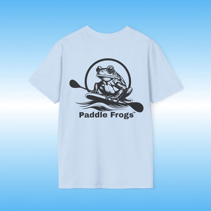 Light Blue t-shirt with black frog graphic and 'Paddle Frogs' text on a blue background Paddle Boarding tee