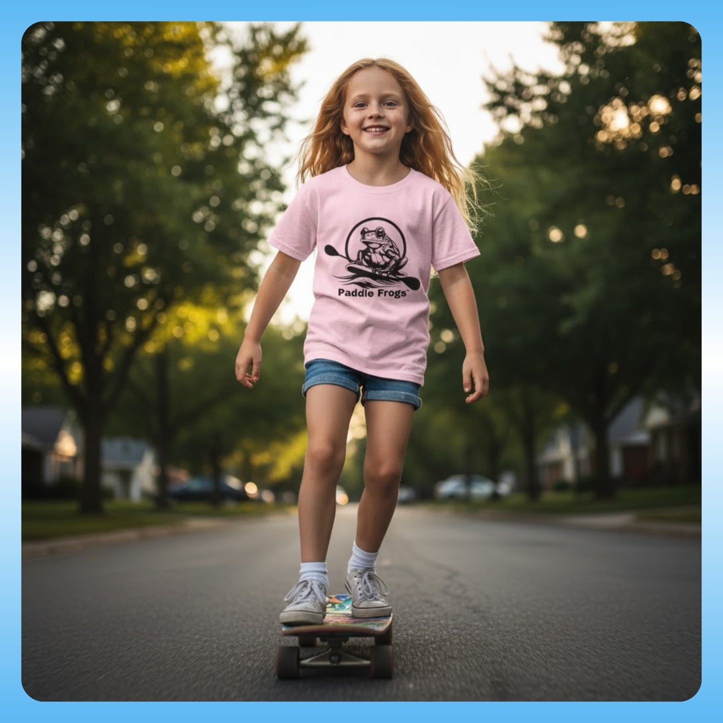 Light Pink action shot - Kids Tee (Big Fit) 7 Colors | Paddle Frogs Kids | Young girl skateboarding on a suburban street wearing a pink t-shirt with a logo.