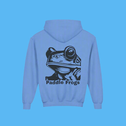 Light blue hoodie with a graphic of Paddle Frogs Frog  and the text 'Paddle Frogs' on the back.