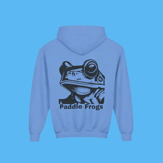 Light blue hoodie with a graphic of Paddle Frogs Frog  and the text 'Paddle Frogs' on the back.