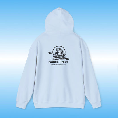 Light sky blue hoodie with 'Paddle Frogs' logo on a blue gradient background Heather Gray Original frog on a paddle board with a double bladed paddle For Life in Balance.
