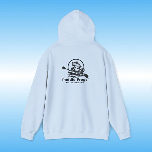 Light sky blue hoodie with 'Paddle Frogs' logo on a blue gradient background Heather Gray Original frog on a paddle board with a double bladed paddle For Life in Balance.