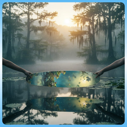Two hands holding a skateboard with a nature-themed design over a reflective water surface. Living in Frog Paradise | Longboard by Paddle Frogs™