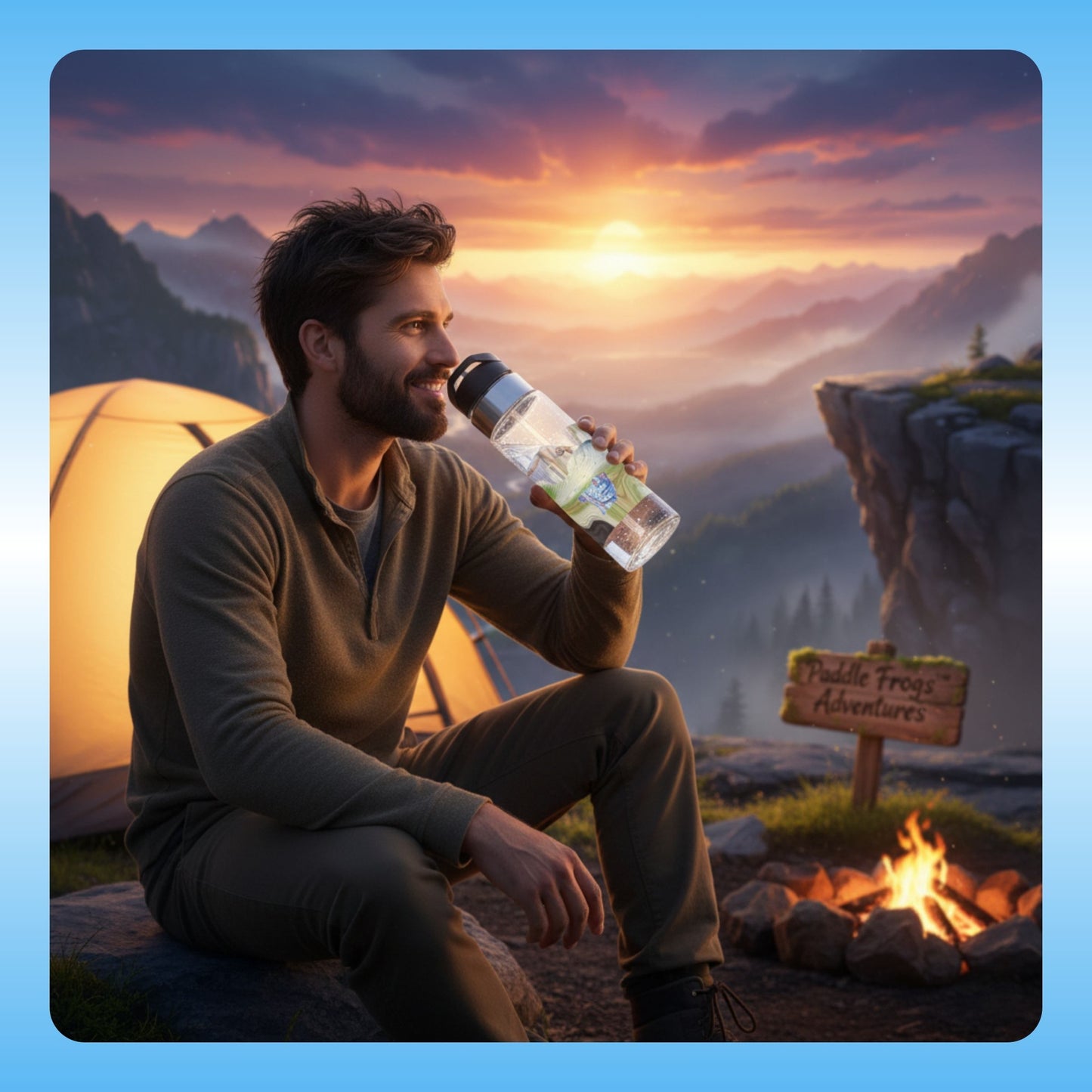 Lost crystal clear water bottle by Paddle Frogs Outdoor Gear | Man sitting by a campfire with a scenic mountain view, holding a water bottle.