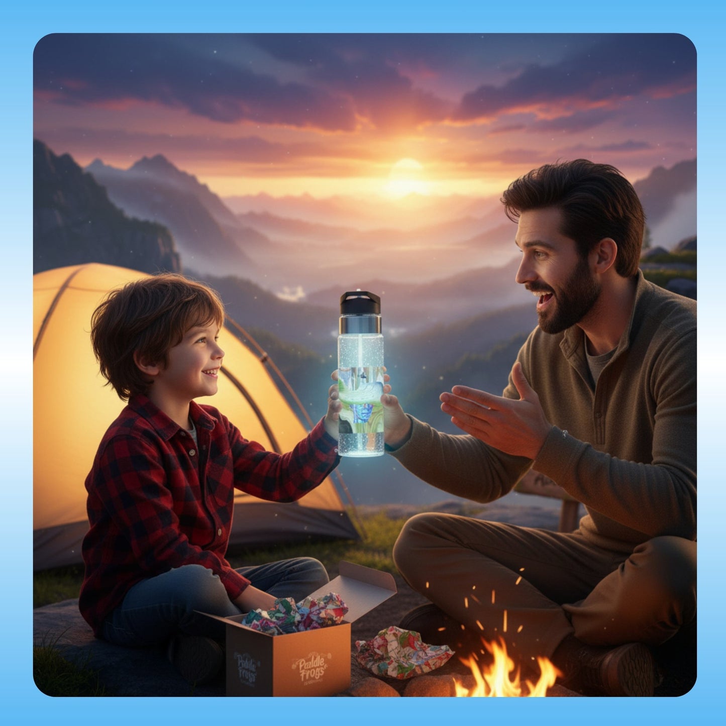 Lost crystal clear water bottle being gifted to a Man by his son, child sitting by a campfire with a glowing product, surrounded by mountains and sunset.