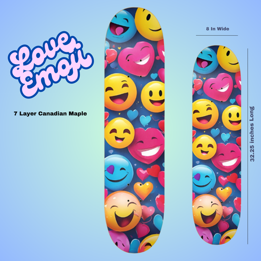 Love Emoji 8 Inch Skateboard Deck. This best-selling deck is perfect for all skill levels and riding styles. Its versatile design, lightweight construction, and ample pop make it ideal for cruising the streets, tackling skateparks