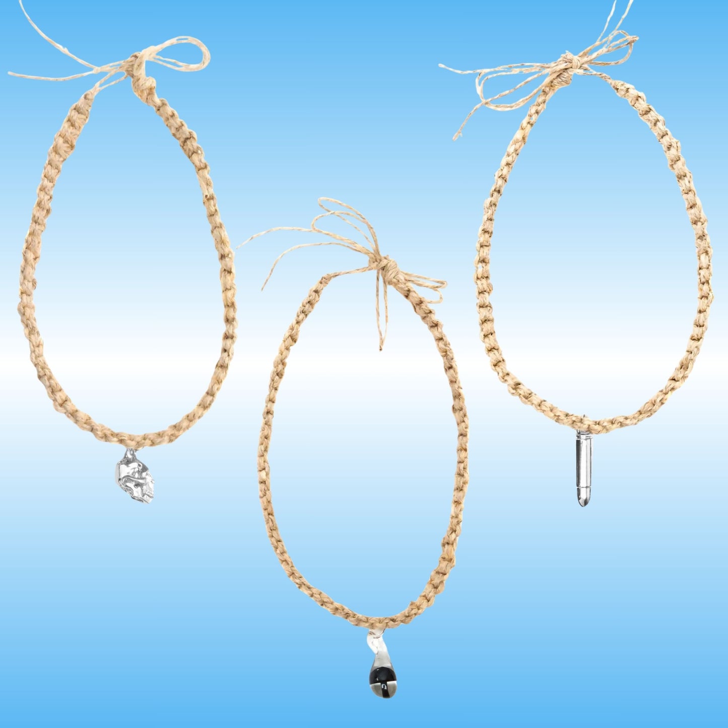 Three hemp braided cord necklaces with small silver-toned pendants, displayed against a light blue gradient background.