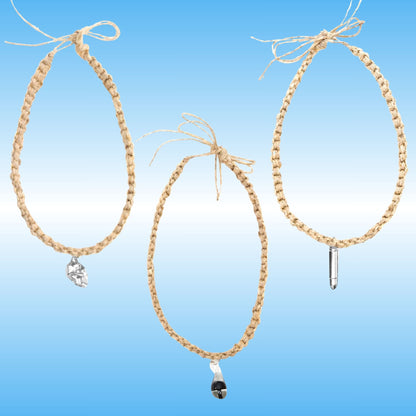Three hemp braided cord necklaces with small silver-toned pendants, displayed against a light blue gradient background.