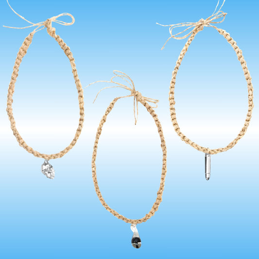 Three hemp braided cord necklaces with small silver-toned pendants, displayed against a light blue gradient background.