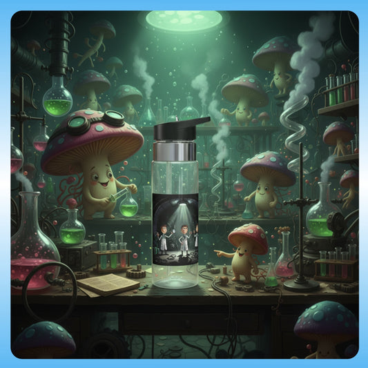 Mad Science | Crystal Clear Water Bottle | Paddle Frogs Outdoor Gear | with a mushroom-themed design in a fantastical laboratory setting