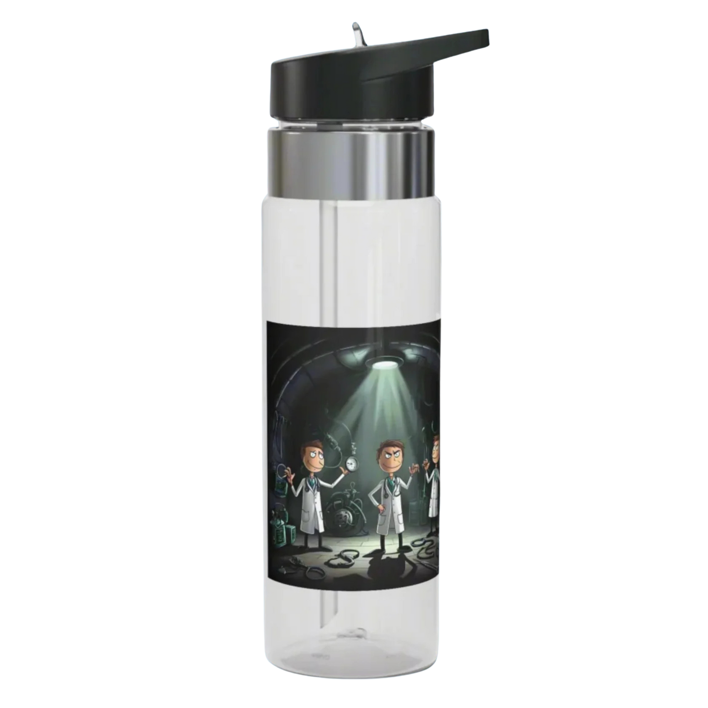 Mad Science Clear water bottle with a black lid featuring a graphic design on a white background