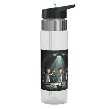 Mad Science Clear water bottle with a black lid featuring a graphic design on a white background