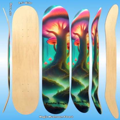 Magic Mushroom Forest - Paddle Frogs - skateboard  | Colorful mushroom-themed skateboard deck with 'Paddle Frogs' branding on a blue background.