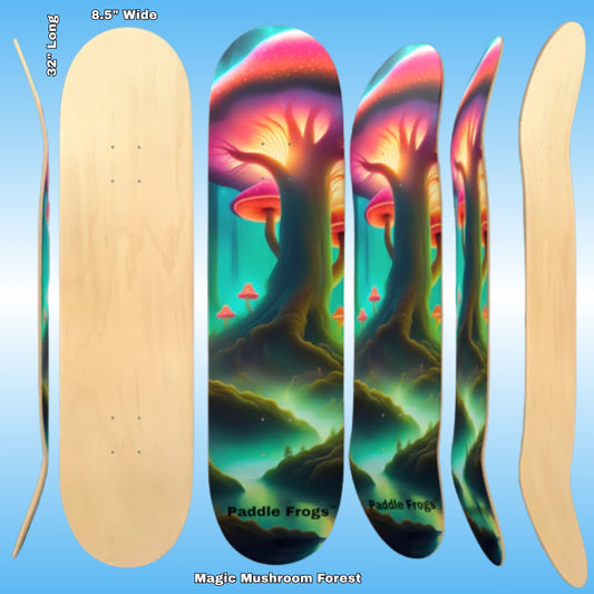 Magic Mushroom Forest - Paddle Frogs - skateboard  | Colorful mushroom-themed skateboard deck with 'Paddle Frogs' branding on a blue background.