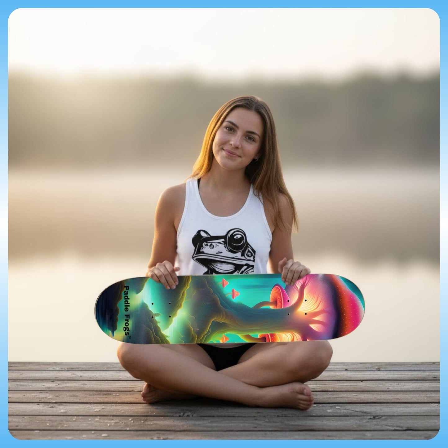 Magic Mushroom Forest | 8.5 skateboard deck | Paddle Frogs™ crisscross applesauce at the lake