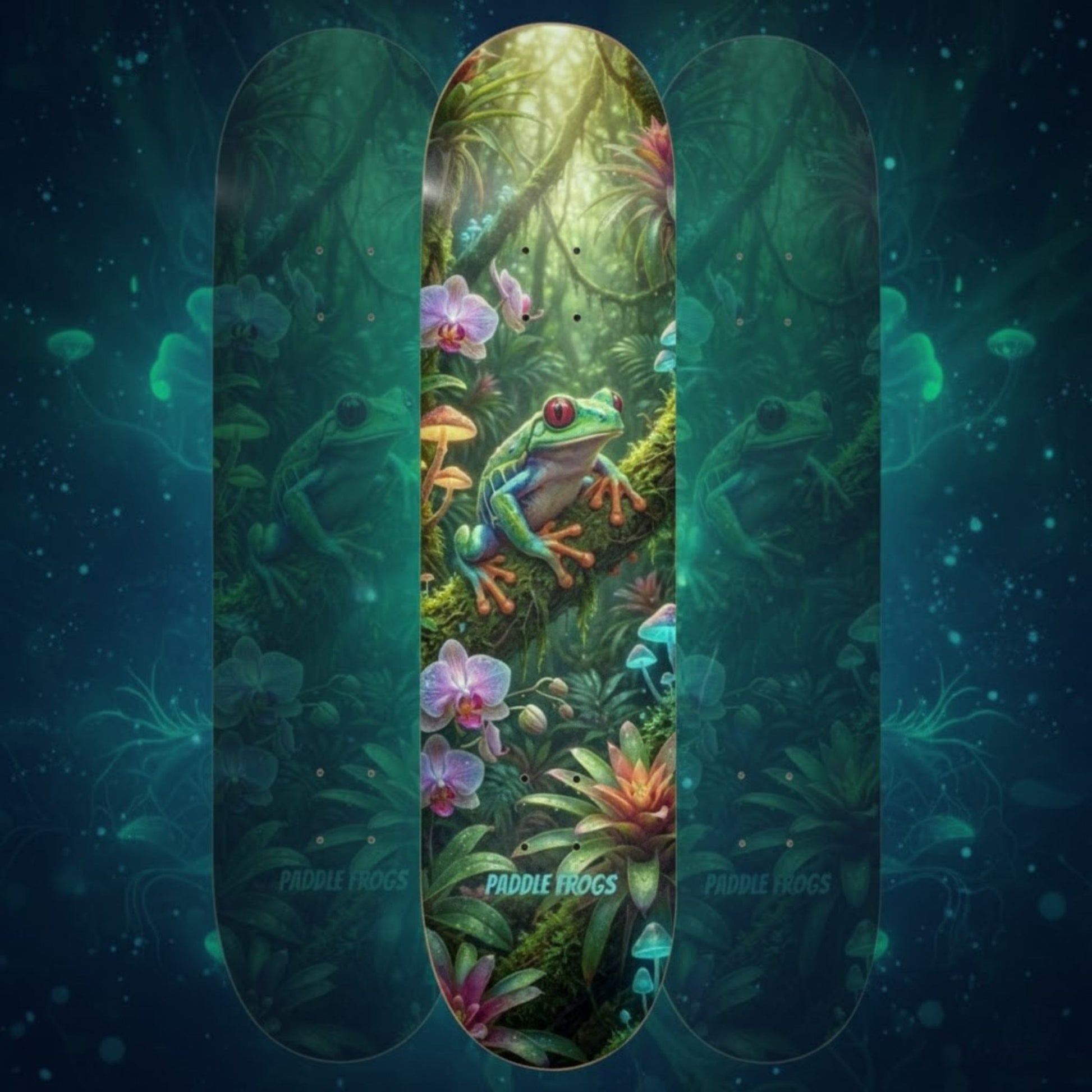 Skateboard deck with a frog and jungle design on a dark blue background