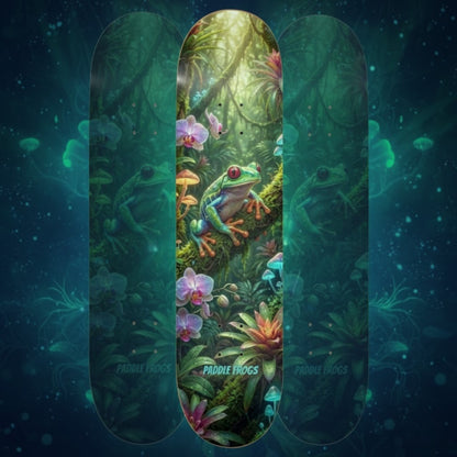 Skateboard deck with a frog and jungle design on a dark blue background