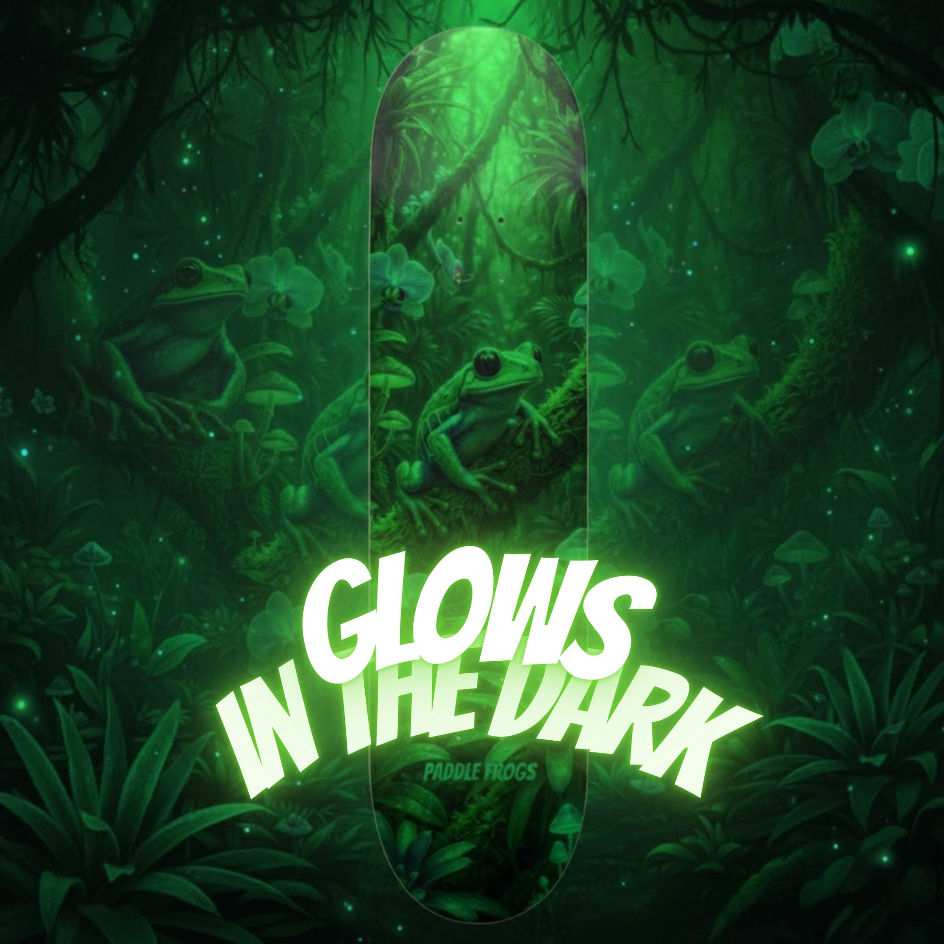 Skateboard with frog design and 'glows in the dark' text against a forest background