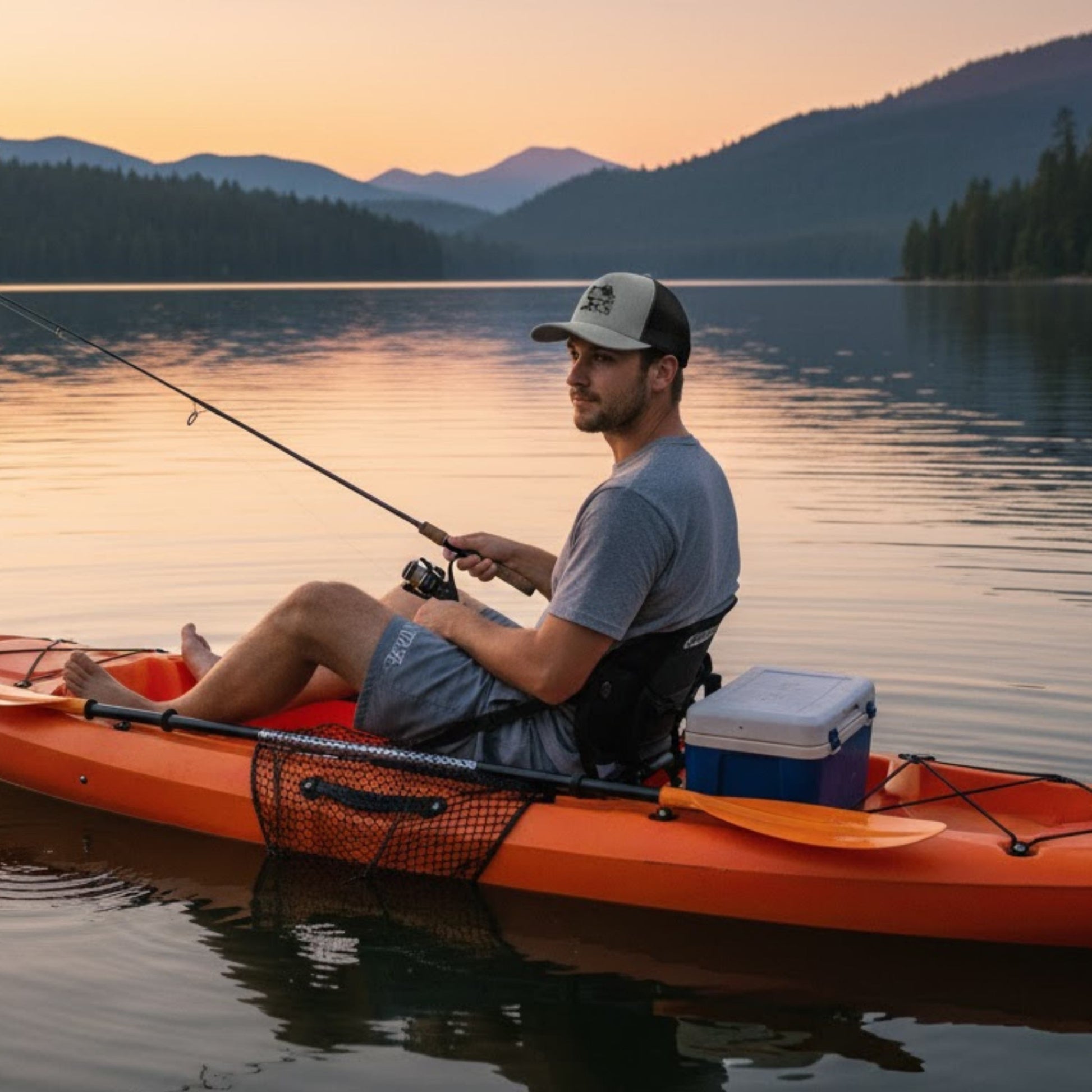 Male model fishing wearing Paddle Frogs™ Snapback Cap heather grey and black vented mesh