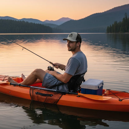 Male model fishing wearing Paddle Frogs™ Snapback Cap heather grey and black vented mesh