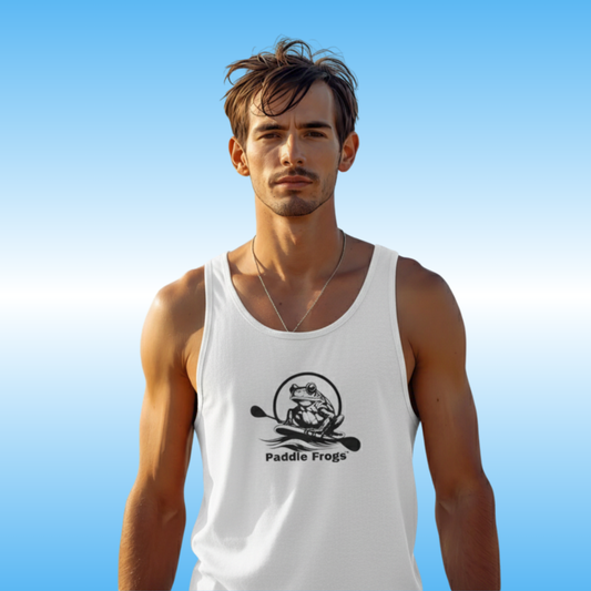 Man wearing White Tank Top by Paddle Frogs Outdoor tough guy summer shirt for paddle boarding fishing kayaking | Man wearing a white tank top with 'Paddle Frogs' logo against a clear blue sky