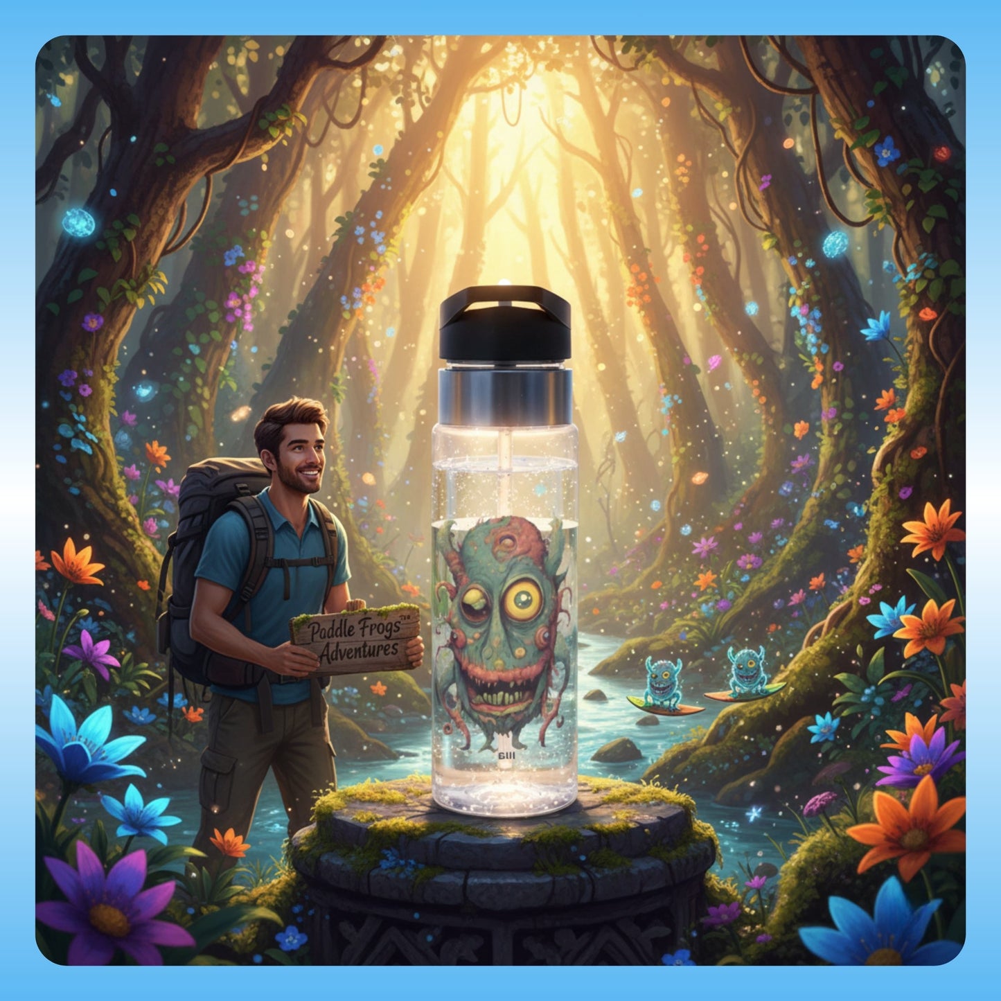 Meet Bill crystal clear water bottle by Paddle Frogs Outdoor Gear Person holding a water bottle with a fantasy design in a magical forest setting