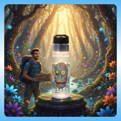 Meet Bill crystal clear water bottle by Paddle Frogs Outdoor Gear Person holding a water bottle with a fantasy design in a magical forest setting