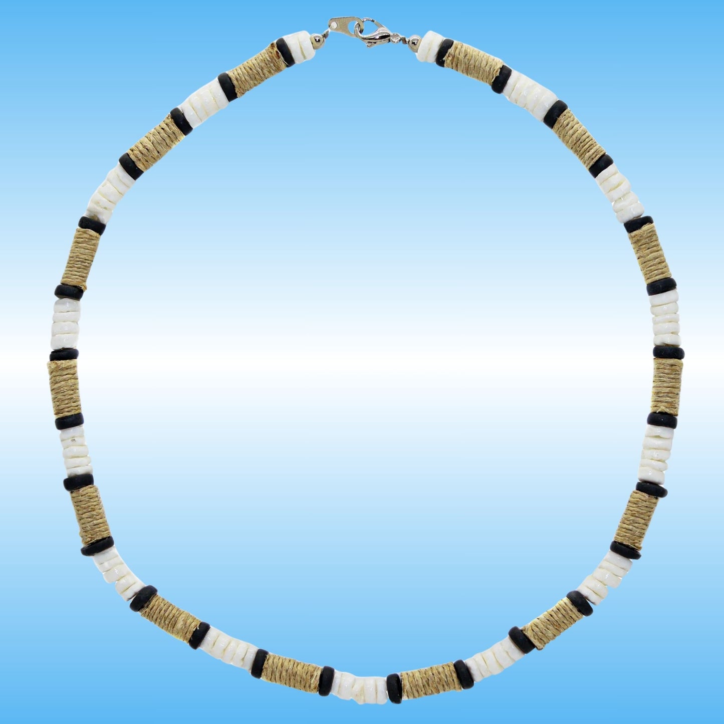 A beaded necklace with alternating white disc beads, black disc beads, and natural tan wrapped beads, arranged in a circle on a light blue gradient background.