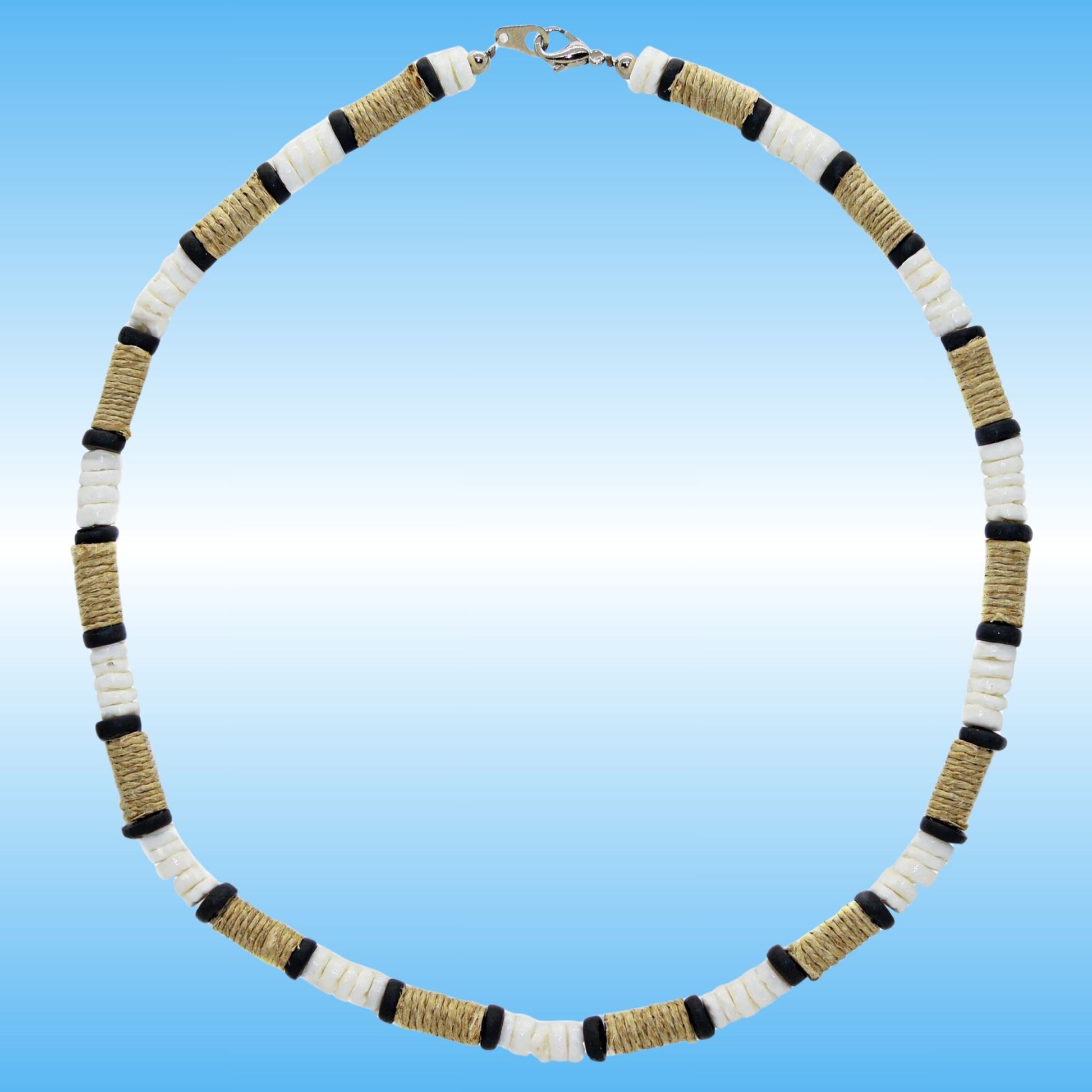 A beaded necklace with alternating white disc beads, black disc beads, and natural tan wrapped beads, arranged in a circle on a light blue gradient background.