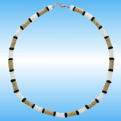 A beaded necklace with alternating white disc beads, black disc beads, and natural tan wrapped beads, arranged in a circle on a light blue gradient background.