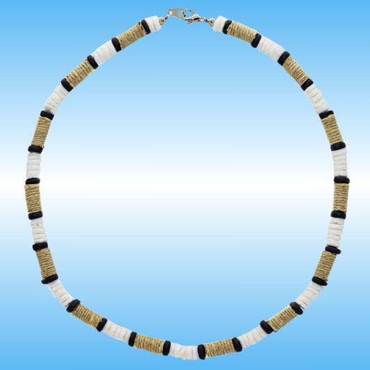 A beaded necklace with alternating white disc beads, black disc beads, and natural tan wrapped beads, arranged in a circle on a light blue gradient background.
