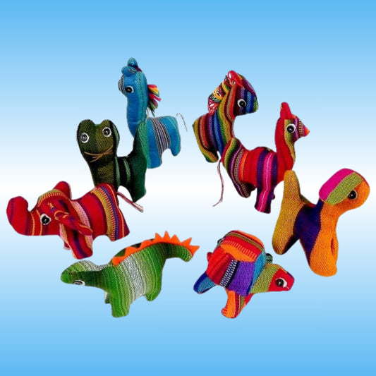 A set of colorful handwoven animals including turtle, elephant, llama and dinosaur plush toys floating against a light blue gradient background.