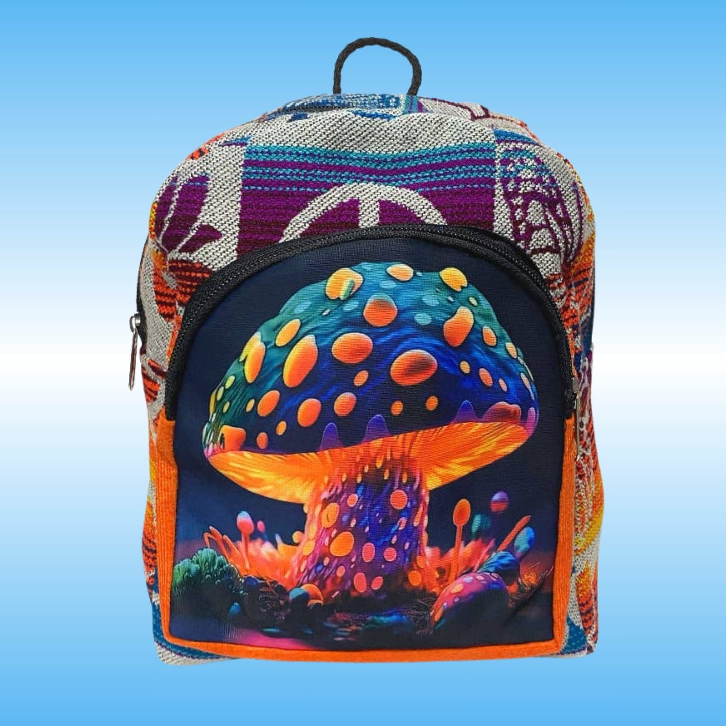 A backpack featuring a colorful, psychedelic mushroom graphic on the front pocket, set against a light blue gradient background.