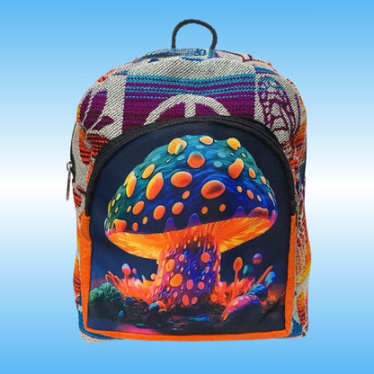 A backpack featuring a colorful, psychedelic mushroom graphic on the front pocket, set against a light blue gradient background.