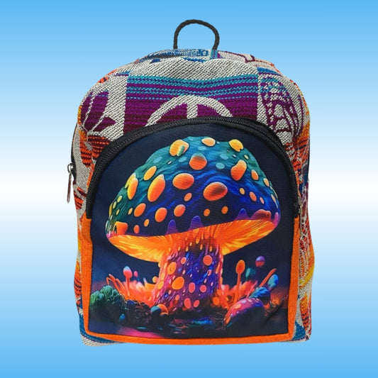 A backpack featuring a colorful, psychedelic mushroom graphic on the front pocket, set against a light blue gradient background.