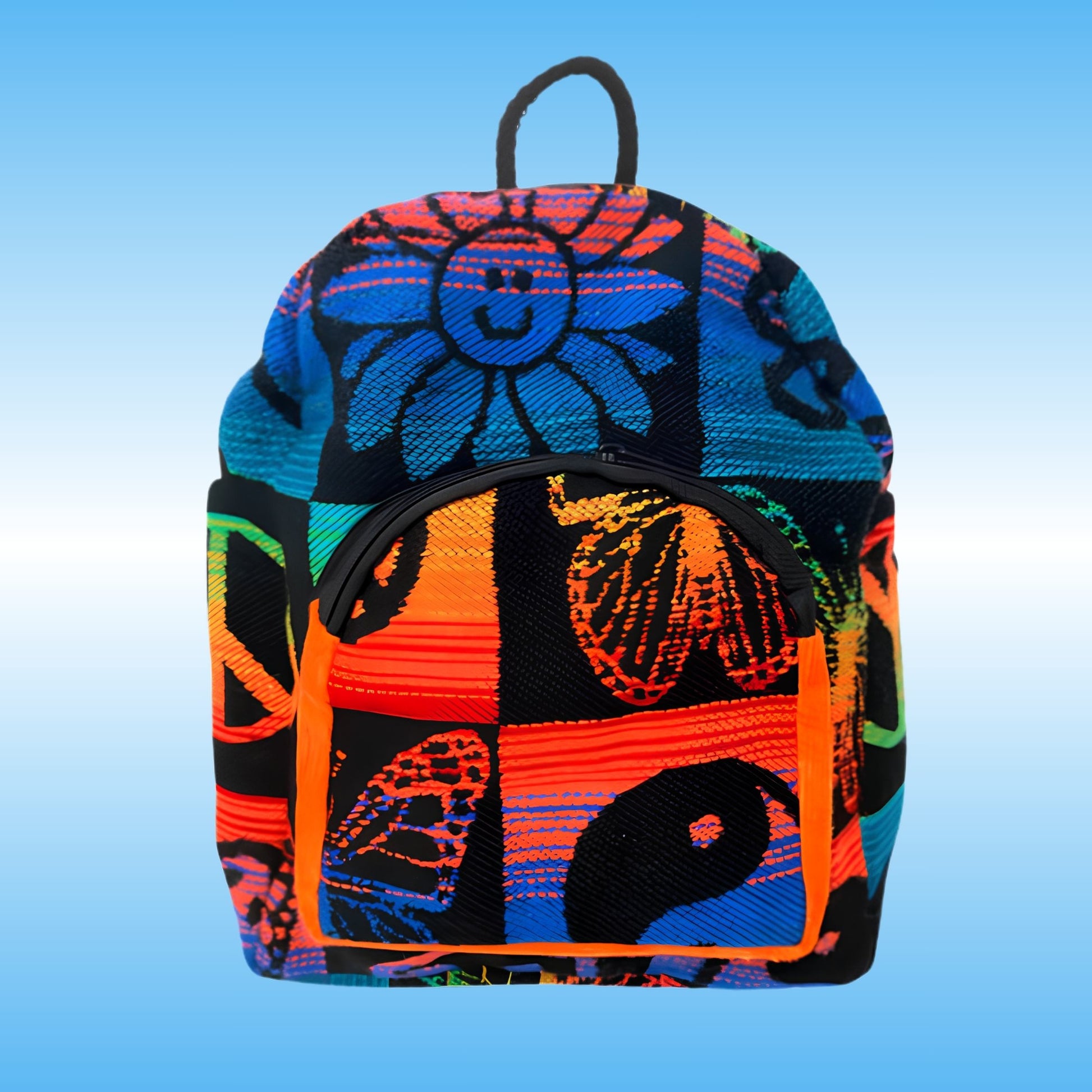 A vibrant, multicolored backpack with a patchwork design featuring a smiling sunflower, butterflies, and abstract patterns in neon orange, blue, pink, green, and black, set against a light blue gradient background.