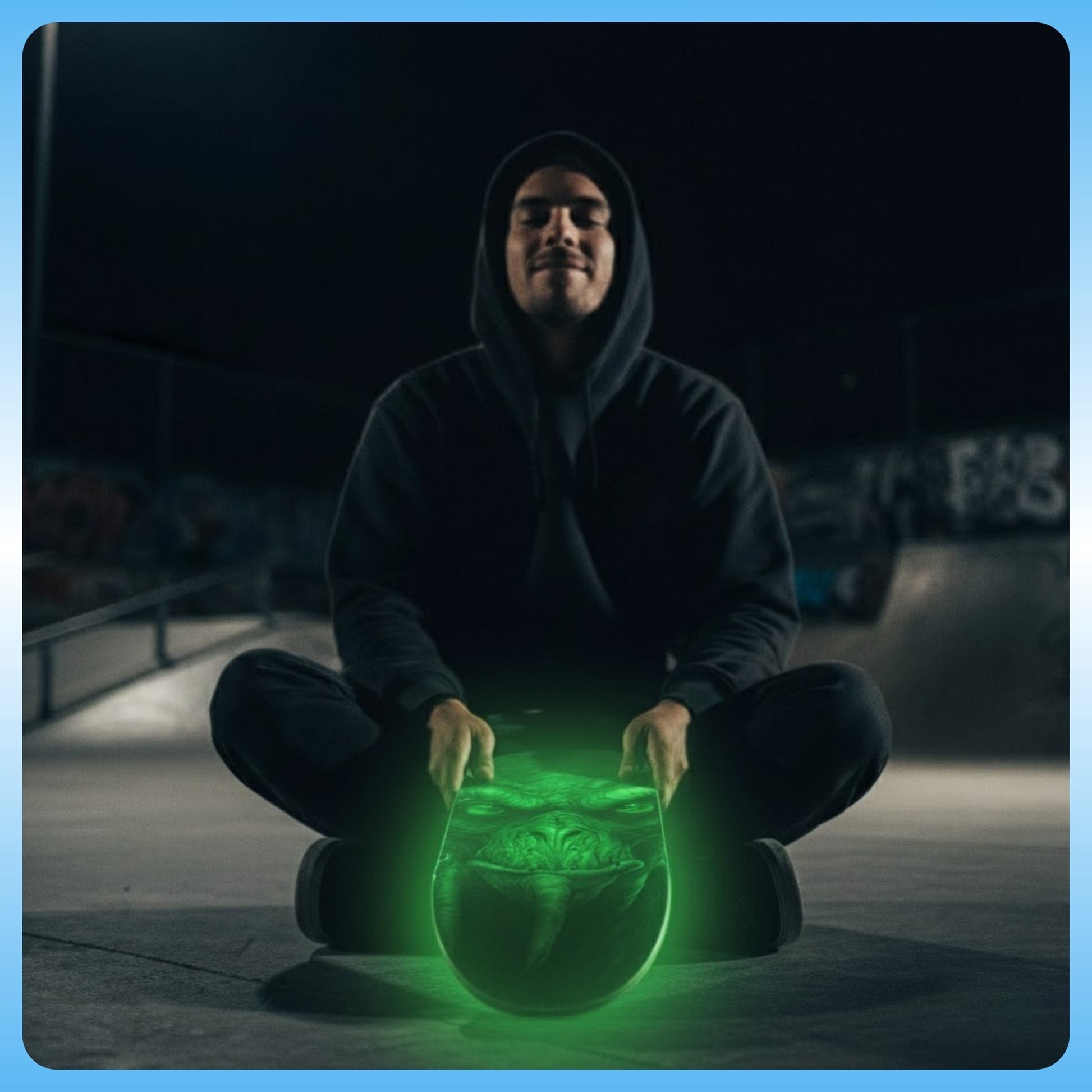 Person in dark hoodie sitting with Molphunktzer 2nd Edition | 8.75 Skateboard Deck | Paddle Frogs™ glow in the dark