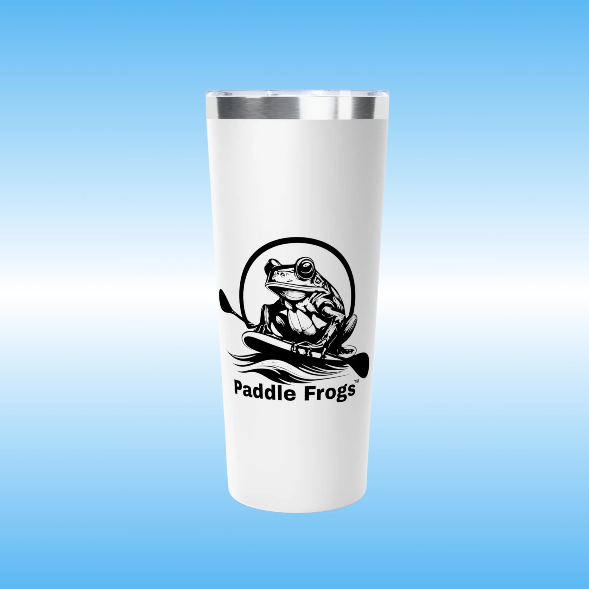 Molphunktzer Copper Insulated Tumbler (backside) by Paddle Frogs | White tumbler with 'Paddle Frogs' logo on a blue background