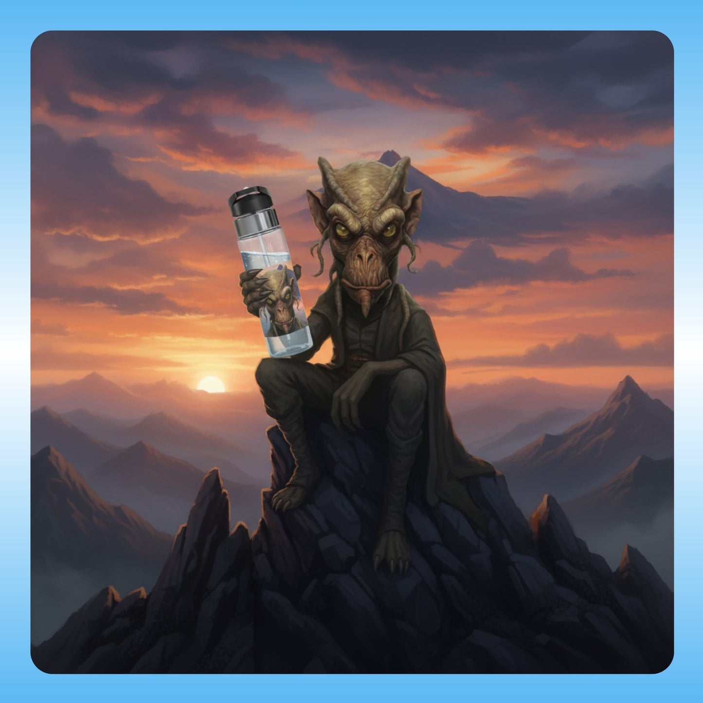 Molphunktzer 20oz | Clear Water Bottle | Paddle Frogs with Molphunktzer on top of a mountain at sunset