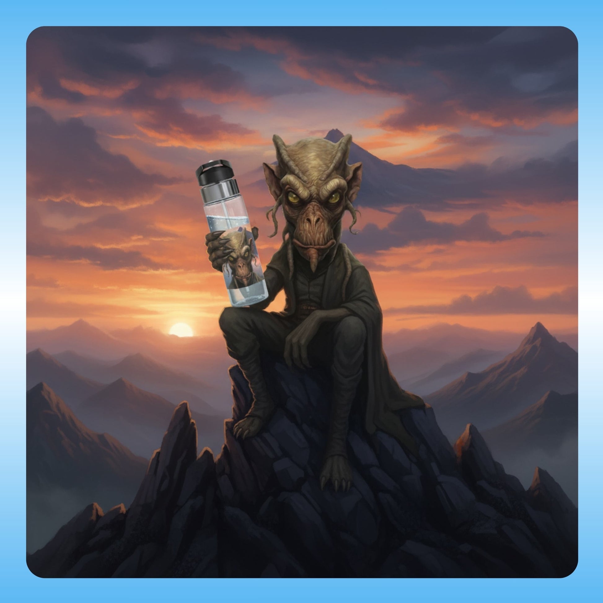 Molphunktzer 20oz | Clear Water Bottle | Paddle Frogs with Molphunktzer on top of a mountain at sunset