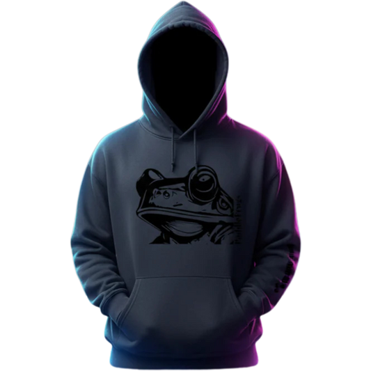 Molphunktzer Hoodie | Hooded Jacket by Paddle Frogs - Charcoal Gray Hoodie with a frog graphic design on a white background