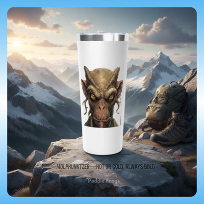 Paddle Frogs Molphunktzer: Hot or Cold, Always Bold Tumbler with a grumpy mountain dweller fantasy creature design on a mountain background