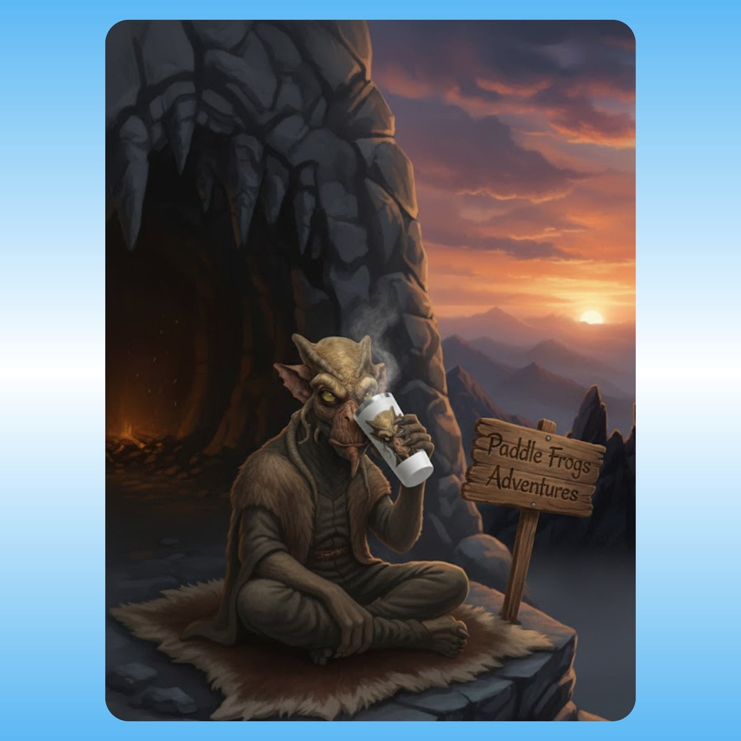 Molphunktzer: Paddle Frogs Adventures | Paddle Frogs™ 22oz Tumbler - Animated character sitting on a rock with a sunset and mountain backdrop, holding a bottle and a sign saying 'Paddle Frogs Adventures'.