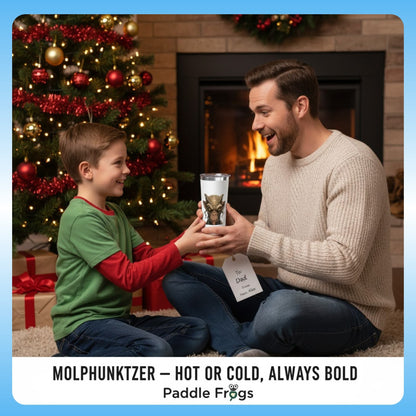 Molphunktzer: Paddle Frogs Christmas gift | Paddle Frogs™ 22oz Tumbler - Man and child sitting in front of a Christmas tree, exchanging a gift with a brand tag.
