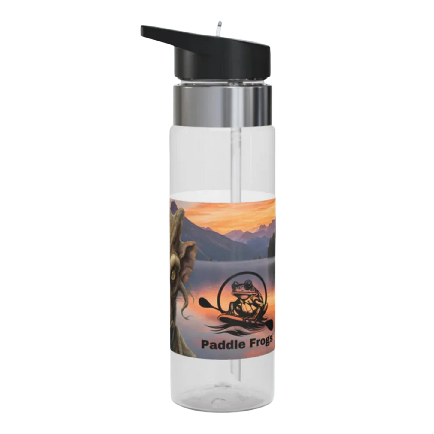 Molphunktzer at sunset Clear water bottle with black lid featuring a scenic design and 'Paddle Frog' logo on a white background