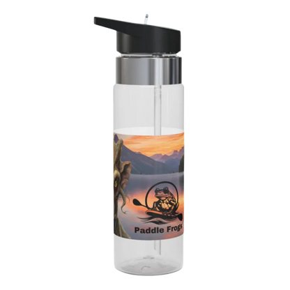 Molphunktzer at sunset Clear water bottle with black lid featuring a scenic design and 'Paddle Frog' logo on a white background
