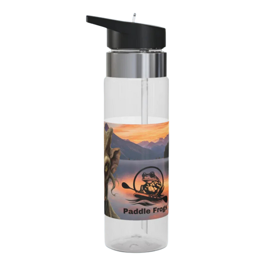 Molphunktzer at sunset Clear water bottle with black lid featuring a scenic design and 'Paddle Frog' logo on a white background